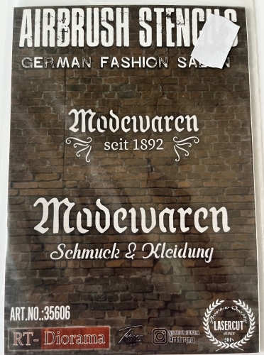 Airbrush Schablone German Fashion Salon Schriftzug "Modewaren" 14,5x10 cm