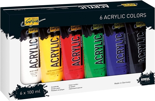 Solo Goya Acrylic 100 ml Tuben 6er Set mit weiß, kadmiumgelb, laubgrün, kobaltblau, zinnoberrot und schwarz (g.P. 1L=35€)